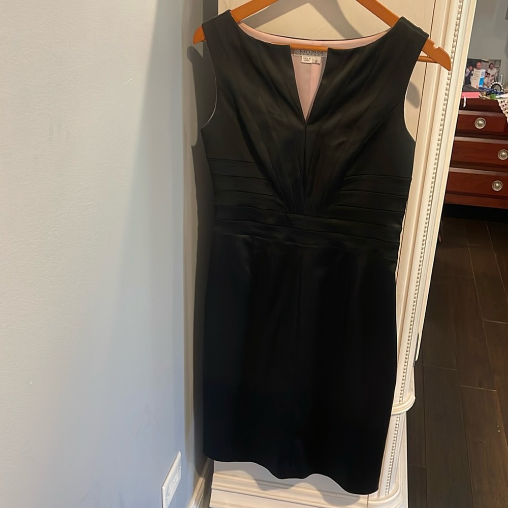 Black satin fitted dress fully lined in pink satin